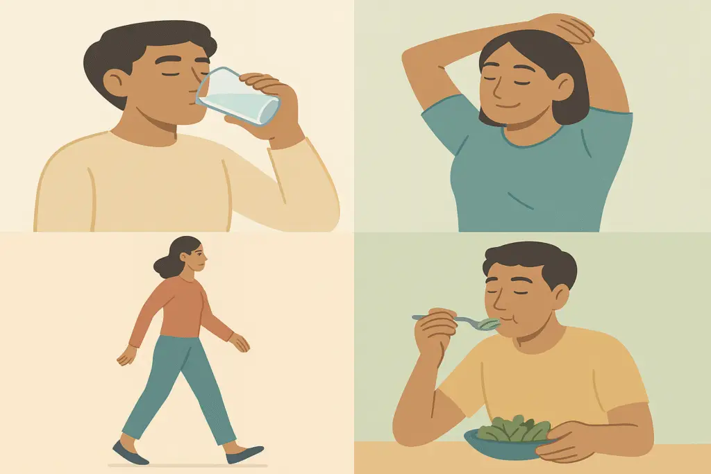 A person practicing daily wellness routines like stretching, drinking water, and walking after meals — symbolizing healthy micro habits for fat loss.