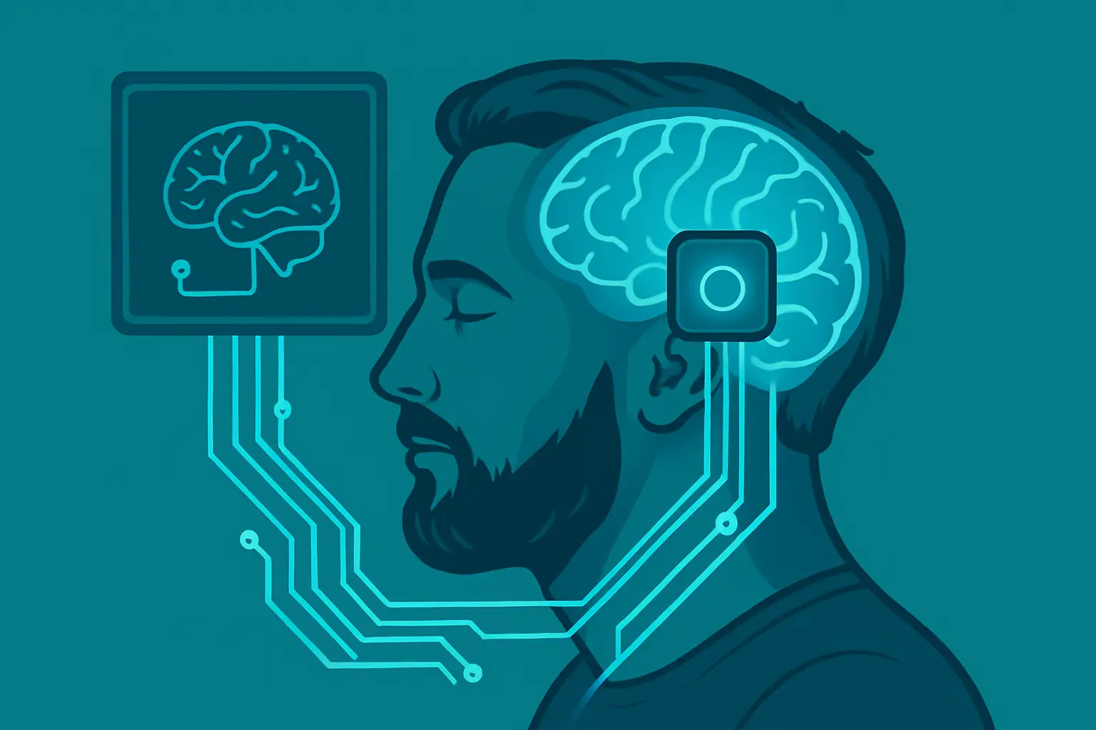 Visual representation of a Neuralink human brain chip implant connecting a human brain to a digital interface.