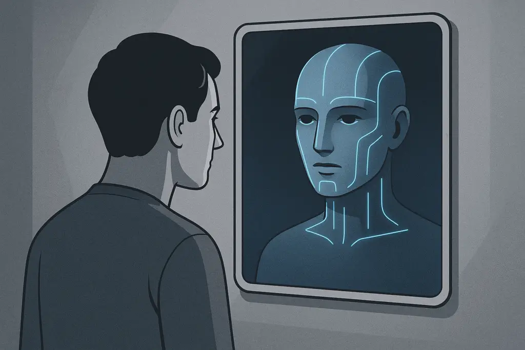 AI therapy and self-reflection concept art showing human and digital reflection
