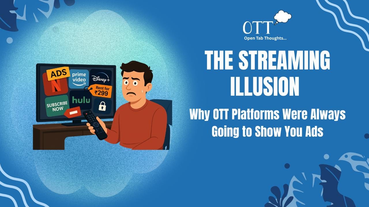Viewer looking overwhelmed by OTT platforms with ads like Netflix and Prime Video showing ad-supported content and upgrade prompts.